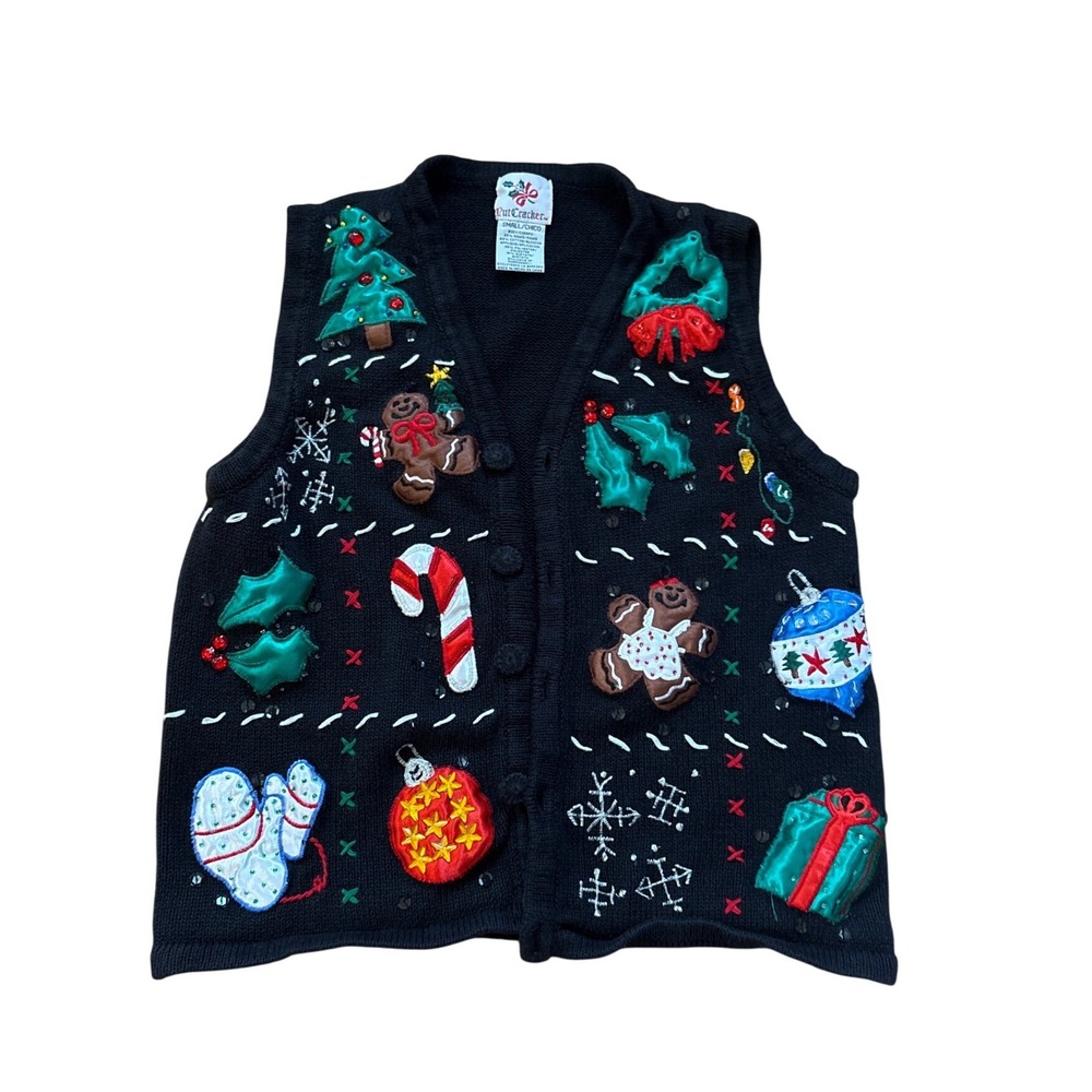 Nutcracker Christmas Sweater Vest Women Black Gingerbread Holiday SIZE Small